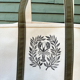Hand Block Printed L.L. Bean Boat & Tote, Antique Olive No. 11