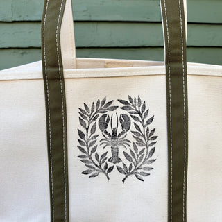 Hand Block Printed L.L. Bean Boat & Tote, Antique Olive No. 11