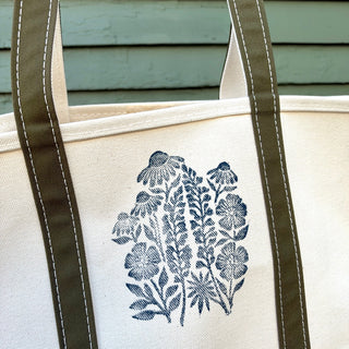 Hand Block Printed L.L. Bean Boat & Tote, Antique Olive No. 15