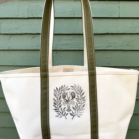 Hand Block Printed L.L. Bean Boat & Tote, Antique Olive No. 20