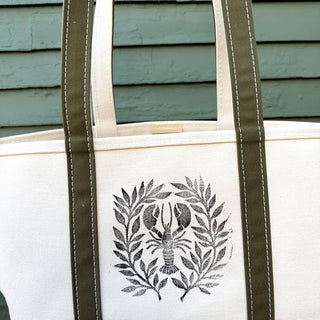 Hand Block Printed L.L. Bean Boat & Tote, Antique Olive No. 20