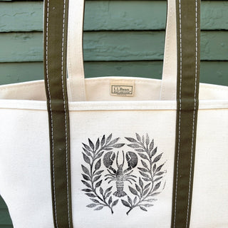 Hand Block Printed L.L. Bean Boat & Tote, Antique Olive No. 20
