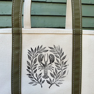 Hand Block Printed L.L. Bean Boat & Tote, Antique Olive No. 20