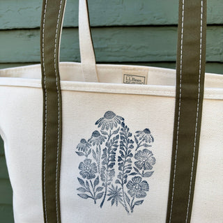 Hand Block Printed L.L. Bean Boat & Tote, Antique Olive No. 22