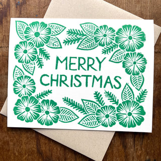 "Merry Christmas," Block Printed Holiday Card