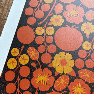 Hand Block Printed "Tomatoes" Reduction Print - Test Print No. 1