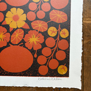 Hand Block Printed "Tomatoes" Reduction Print - Test Print No. 1