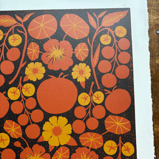 Hand Block Printed "Tomatoes" Reduction Print - Test Print No. 1
