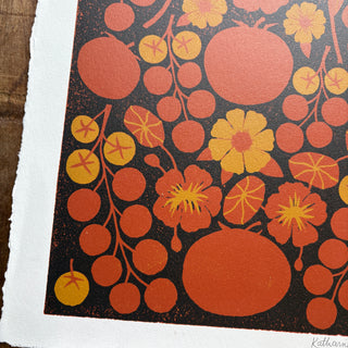 Hand Block Printed "Tomatoes" Reduction Print - Test Print No. 2