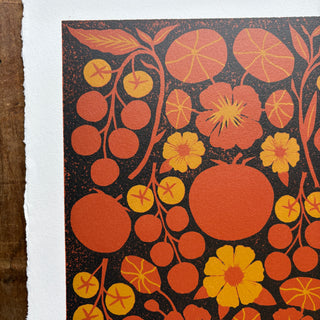 Hand Block Printed "Tomatoes" Reduction Print - Test Print No. 2