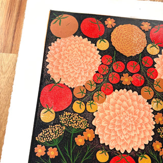 Hand Block Printed "August Garden" Reduction Print - No. 7