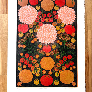Hand Block Printed "August Garden" Reduction Print - No. 9