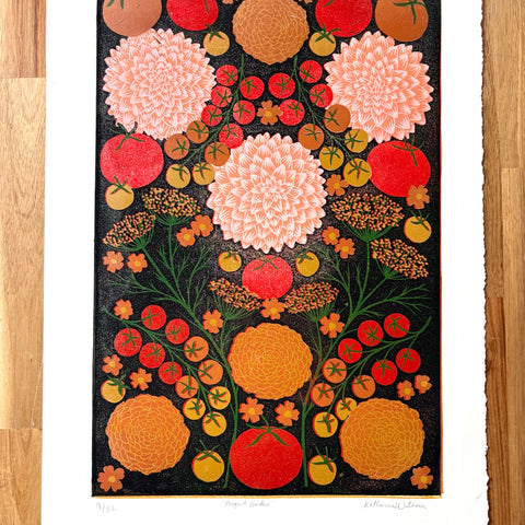 Hand Block Printed "August Garden" Reduction Print - No. 9