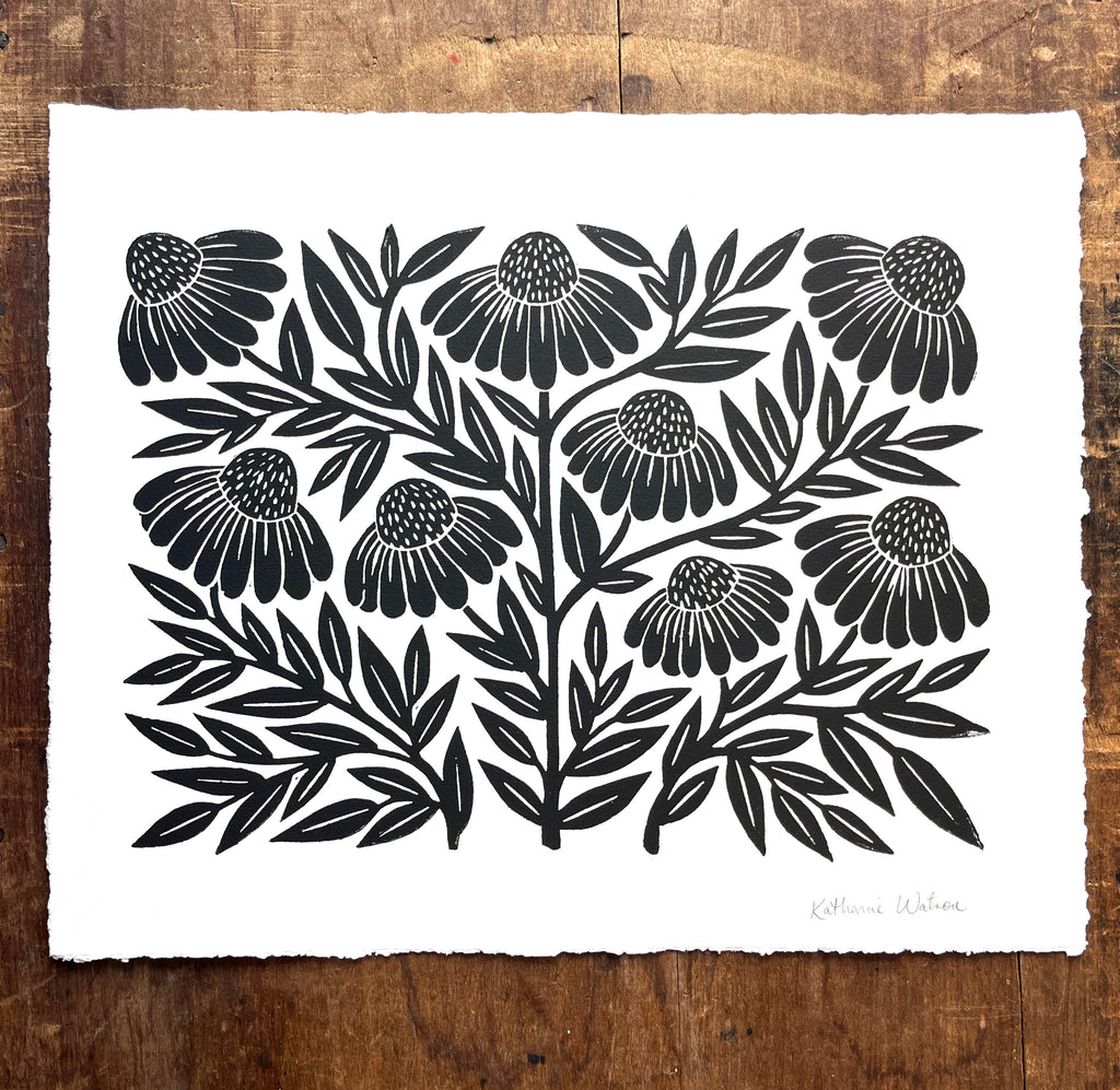 Hand Block Printed Echinacea Art Print - No. 5101