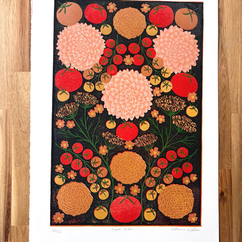 Hand Block Printed "August Garden" Reduction Print - No. 20