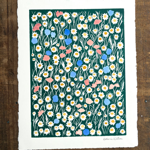 Hand Block Printed Art Print with Watercolors - No. 632