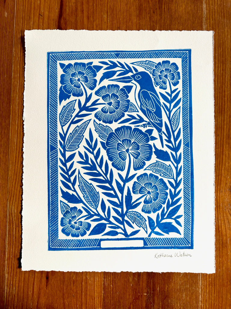 Hand Block Printed Bird Art Print - No. 3013