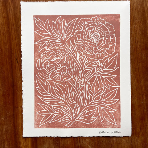 Hand Block Printed Peony Art Print - No. 5641