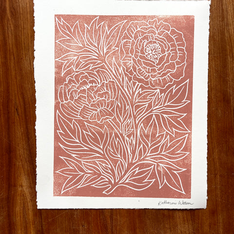 Hand Block Printed Peony Art Print - No. 5642