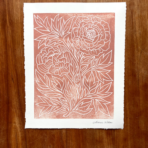 Hand Block Printed Peony Art Print - No. 5643