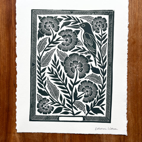 Hand Block Printed Bird Art Print - No. 5647