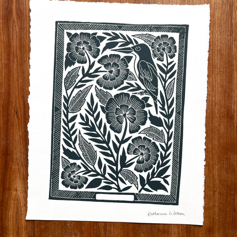 Hand Block Printed Bird Art Print - No. 5648