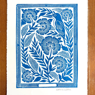 Hand Block Printed Bird Art Print - No. 3027