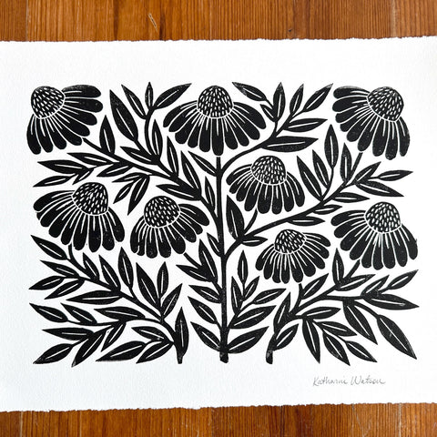 Hand Block Printed Echinacea Art Print - No. 3033