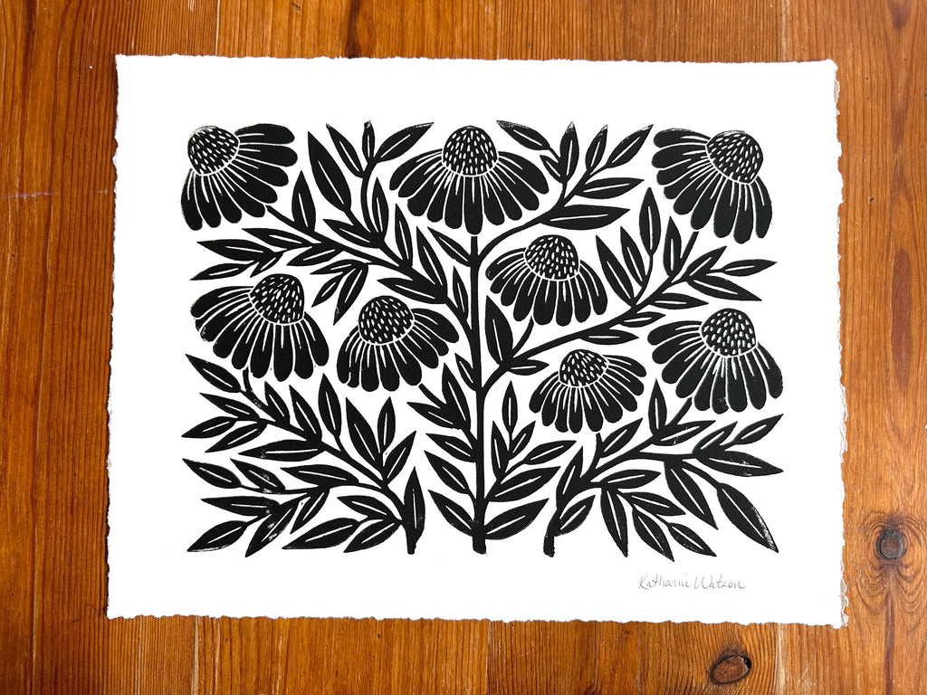 Hand Block Printed Echinacea Art Print - No. 3042