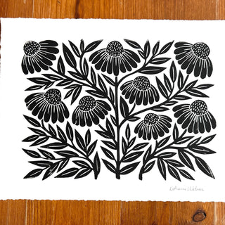Hand Block Printed Echinacea Art Print - No. 3042