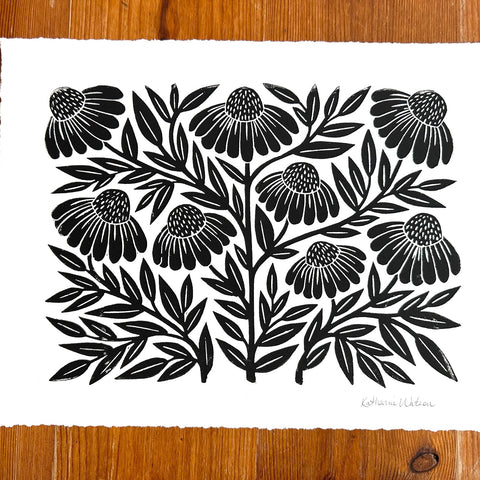 Hand Block Printed Echinacea Art Print - No. 3042