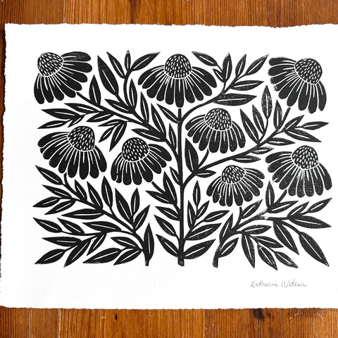 Hand Block Printed Echinacea Art Print - No. 3044