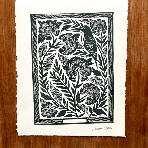 SECONDS : Hand Block Printed Bird Art Print - No. 5671