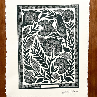 SECONDS : Hand Block Printed Bird Art Print - No. 5671