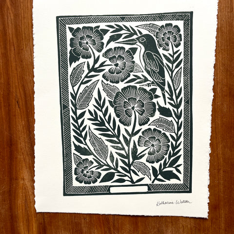 SECONDS : Hand Block Printed Bird Art Print - No. 5672