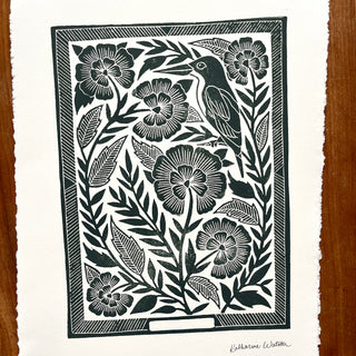 SECONDS : Hand Block Printed Bird Art Print - No. 5672