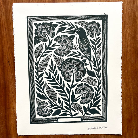SECONDS : Hand Block Printed Bird Art Print - No. 5673