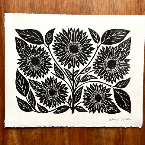 SECONDS : Hand Block Printed Sunflower Art Print - No. 5675