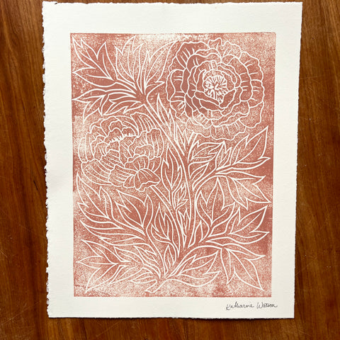 SECONDS : Hand Block Printed Peony Art Print - No. 5687