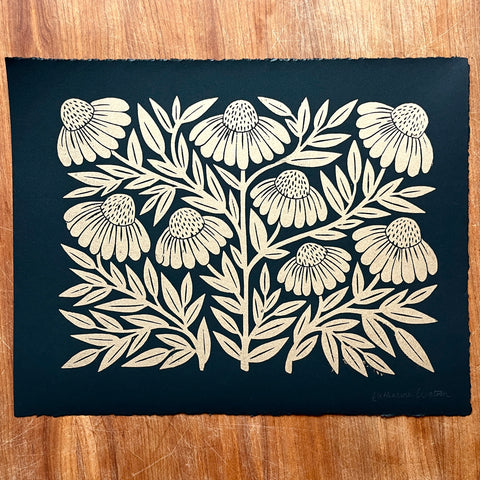 SECONDS : Hand Block Printed Echinacea Art Print - No. 5688
