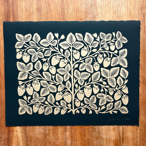 SECONDS : Hand Block Printed Strawberries Art Print - No. 5689