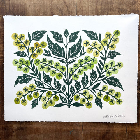 Hand Block Printed Tomatoes with Watercolors - No. 5698