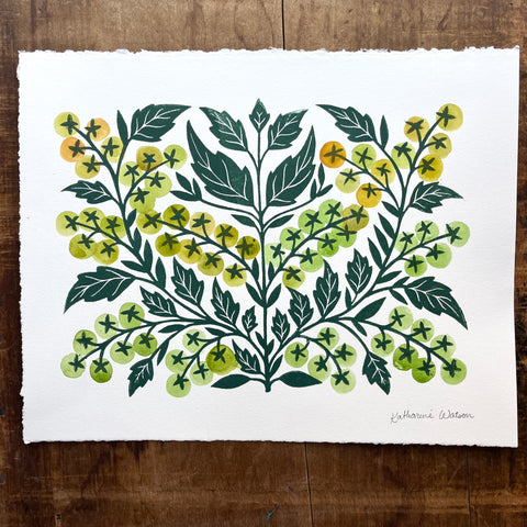 Hand Block Printed Tomatoes with Watercolors - No. 5699