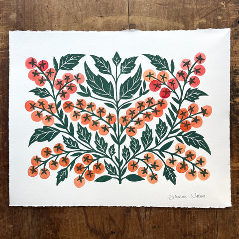 Hand Block Printed Tomatoes with Watercolors - No. 5701