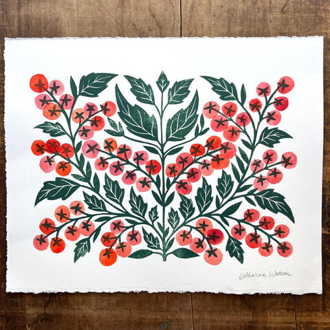 Hand Block Printed Tomatoes with Watercolors - No. 5702