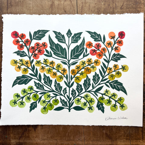 Hand Block Printed Tomatoes with Watercolors - No. 5704