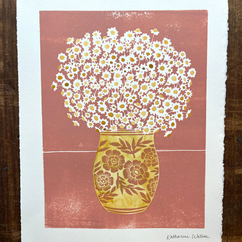 Hand Block Printed Vase with Watercolors - No. 5707