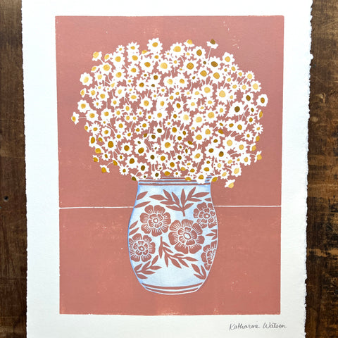 Hand Block Printed Vase with Watercolors - No. 5708