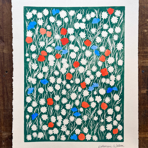 Hand Block Printed Meadow with Watercolors - No. 5709