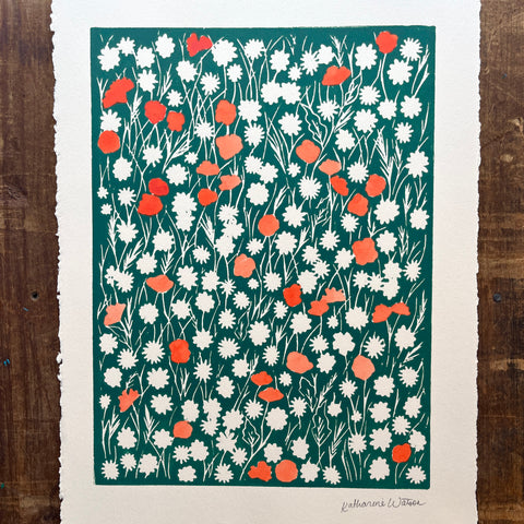 Hand Block Printed Meadow with Watercolors - No. 5710